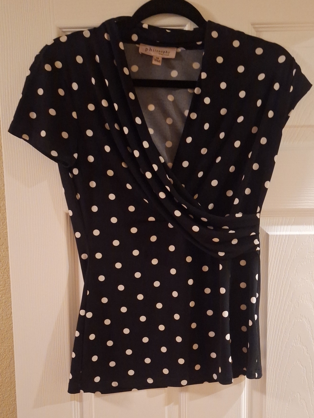 Philosophy Black Polka Dot Surplice Cap Sleeve Top